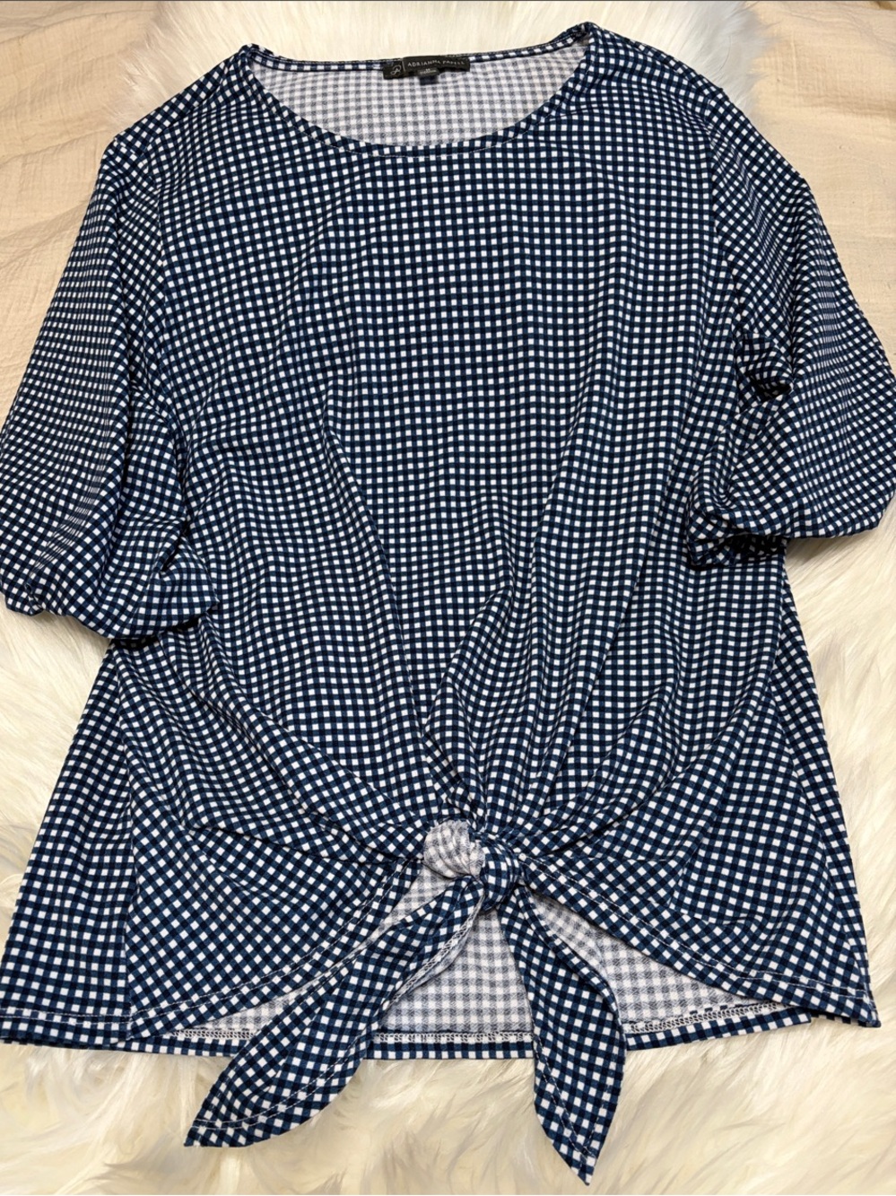 Adrianna Papell Navy and White Gingham Tie-Front Puff Sleeve Top